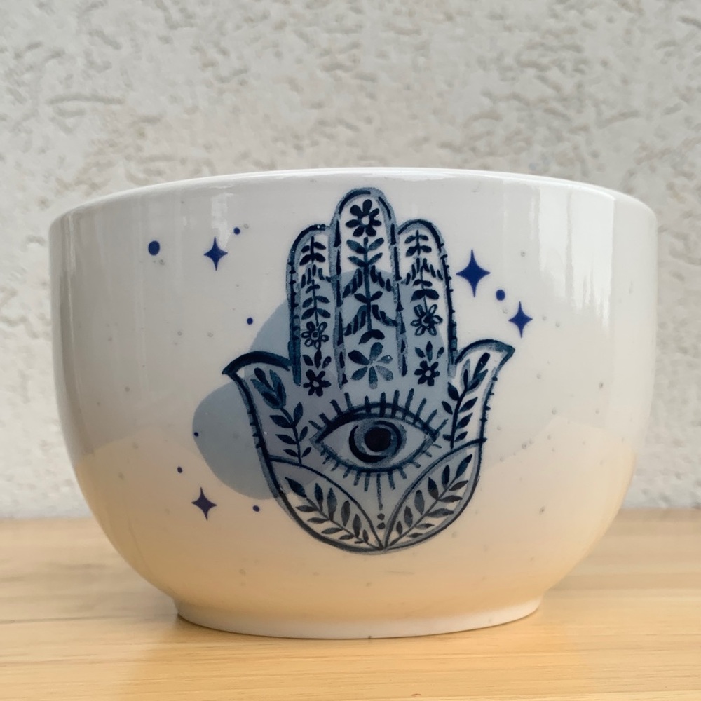 Wandering Moon White Ceramic Noodle Bowl with blue Hamsa Design